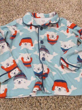 Carters Button Up Pajama Shirt Toddler Boys 3T Blue Seal Long Sleeve Holiday